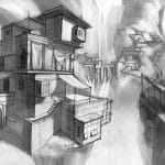 Concept art for Dark Void, showing a village in a dark, cloudy environment.
