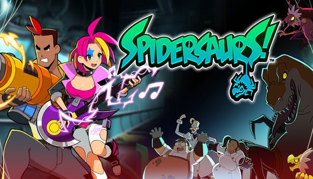 Key art for Spidersaurs featuring the main characters running from a monster