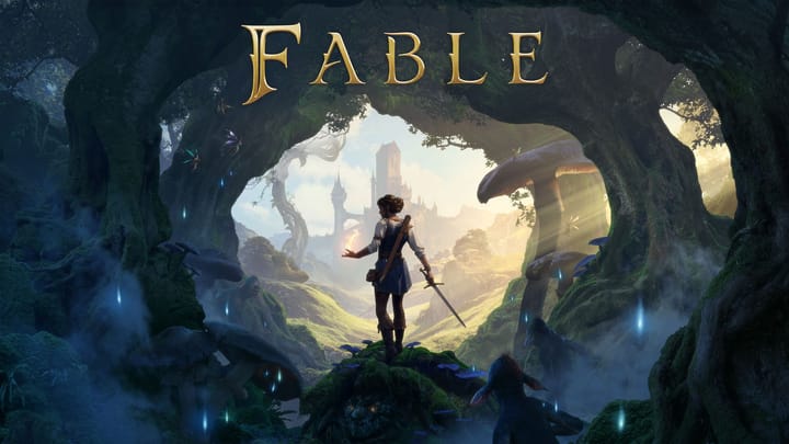 Fable Hero Image showing a character looking over a fantasy landscape