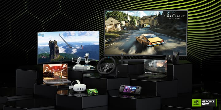 Promotional image for GeForce NOW CES 2026 announcements showing various games