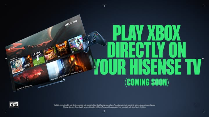 Play Xbox Hisense TV Hero Image showing the cloud gaming interface on a smart TV