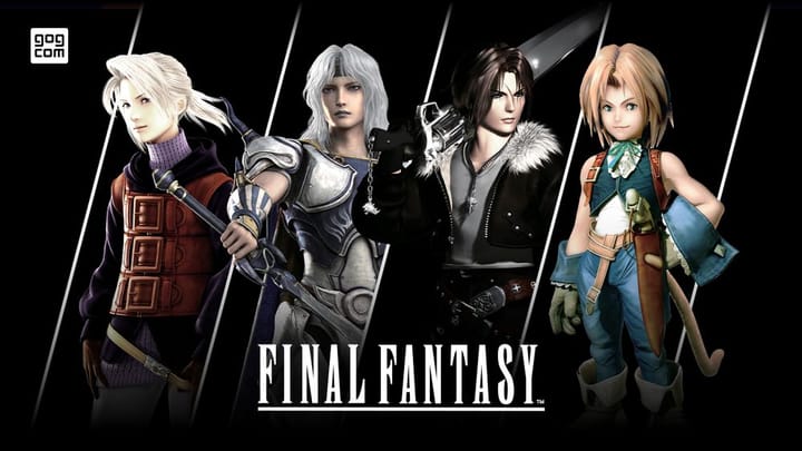 Promotional artwork showing characters from Final Fantasy III, IV, VIII and IX