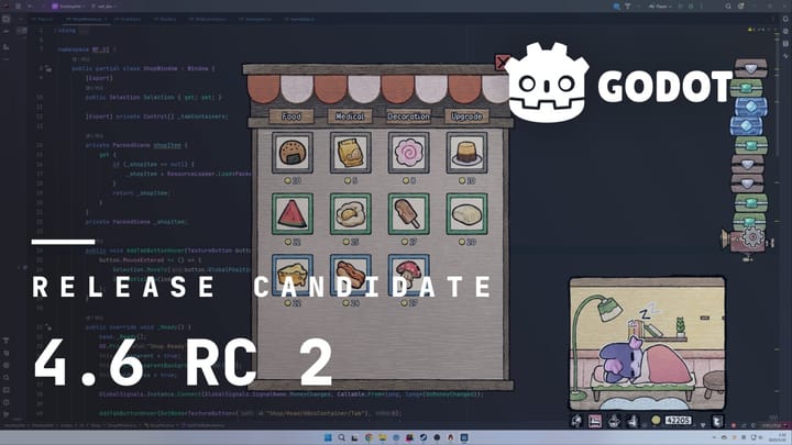 The cover art for Godot 4.6 RC 2 featuring the game Eggo