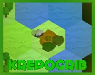 Screenshot of Krepogrib gameplay showing various districts and building placements on a grid.