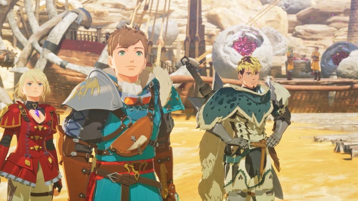 Promotional art for Monster Hunter Stories 3 showing the main characters and twin dragons