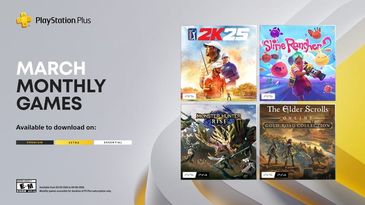 Promotional artwork showing characters from PGA Tour 2K25, Monster Hunter Rise, Slime Rancher 2, and The Elder Scrolls Online