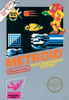The classic silver box art for the NES release of Metroid