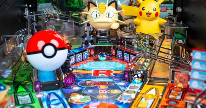 The backglass and playfield of the new Pokémon pinball machine