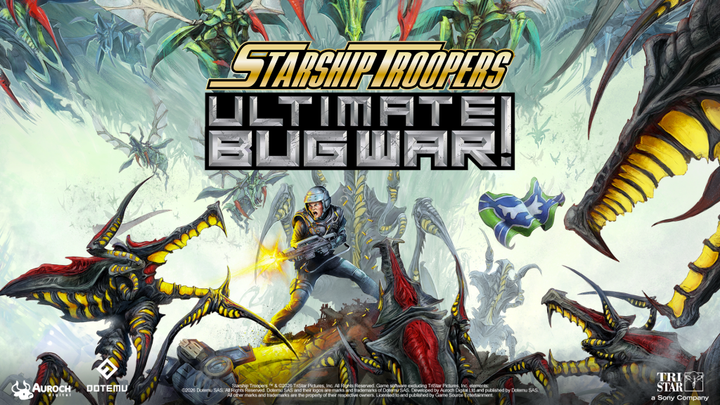 Key art for Starship Troopers: Ultimate Bug War featuring soldiers fighting arachnids