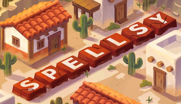 Key art for Spellsy showing pixel art letter tiles