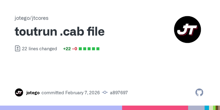 GitHub commit view for the toutrun.cab file release