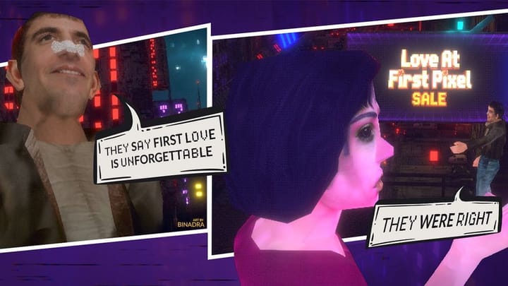Promotional art for GOG's Love At First Pixel sale featuring pixelated hearts