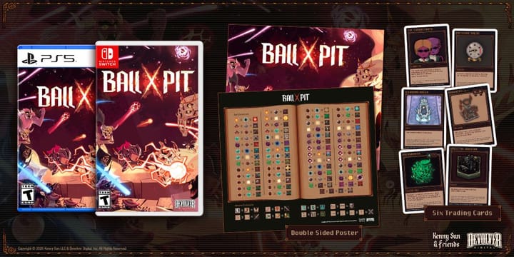 Promotional image for BALL x PIT physical release showing the game box and bonus items