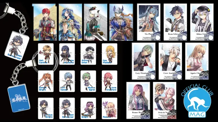 Promotional banner for new Nihon Falcom merchandise showing clear cards and keychains