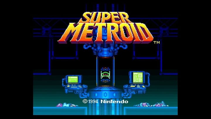 The Nintendo Music app interface showing the Super Metroid soundtrack album cover and tracklist.