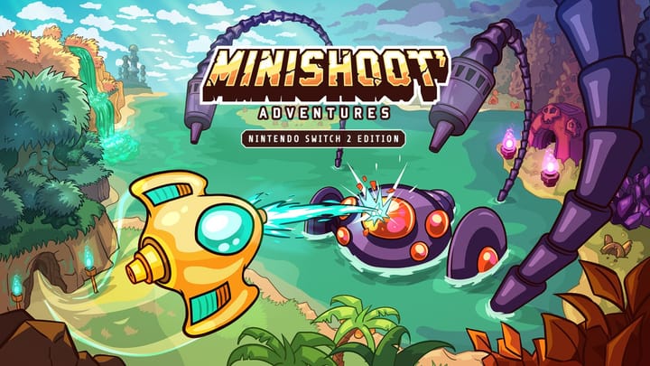 A tiny spaceship flying through a colorful, hand-drawn overworld in Minishoot' Adventures