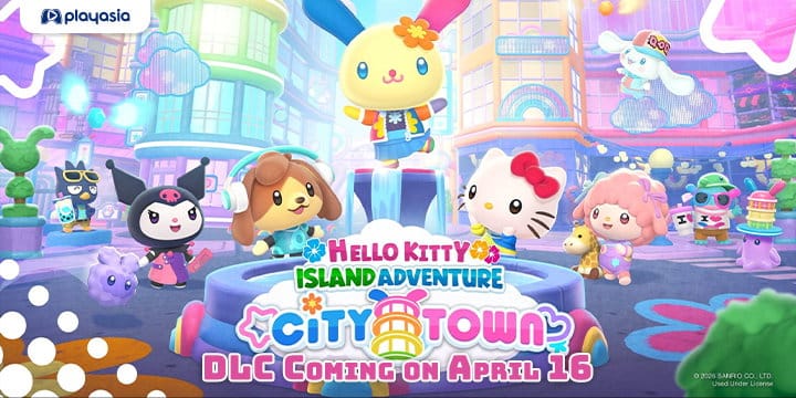 Hello Kitty Island Adventure City Town promotional artwork featuring Hello Kitty and friends in an urban setting
