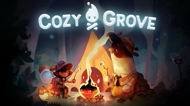 Key art for Cozy Grove showing a Spirit Scout standing next to a campfire surrounded by ghost bears