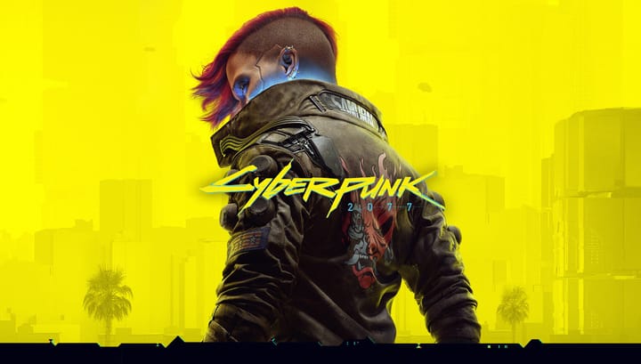 Key art for Cyberpunk 2077 showing the male V character holding a gun against a yellow background