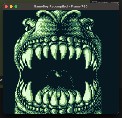 Screenshot of a pixel art dinosaur game running, likely from the gb-recompiled project.