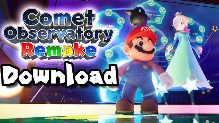 Mario standing in the Comet Observatory rendered in Unreal Engine 5