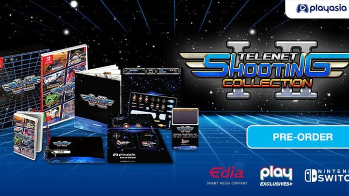 Promotional artwork for Telenet Shooting Collection I+II showing various retro spaceships and anime characters