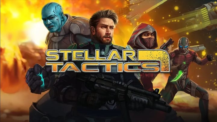 Stellar Tactics game art featuring a spaceship and characters in a sci-fi setting