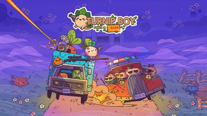 Key art for Turnip Boy Robs a Bank showing the main character holding a gun in front of a vault