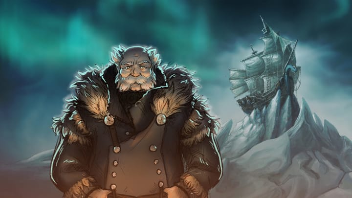 Key art for The Pale Beyond showing a ship stuck in the ice