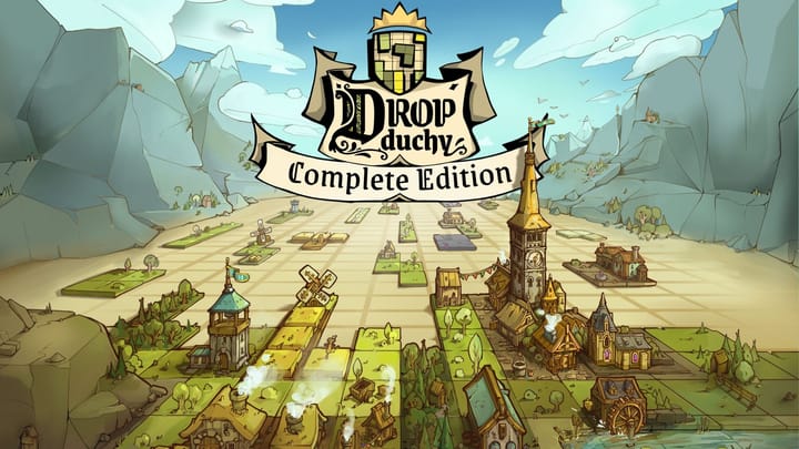 Drop Duchy gameplay showing a medieval kingdom built on floating tiles