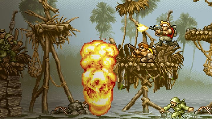 Key art for ACA Neo Geo Metal Slug featuring Marco and Tarma shooting at enemies