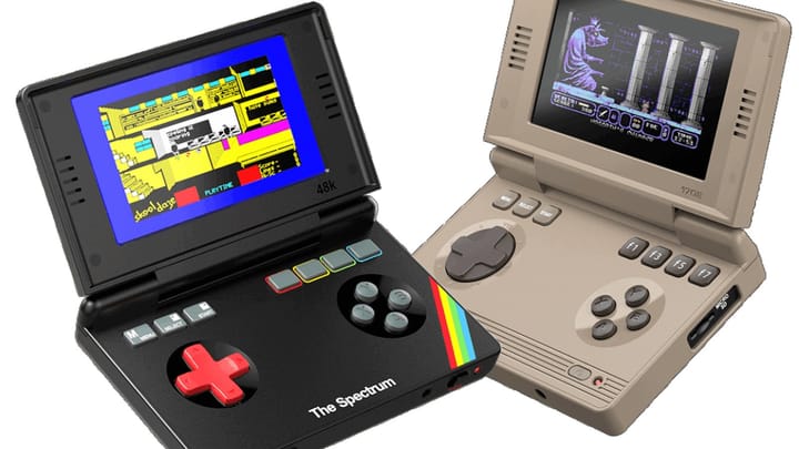 The C64 and ZX Spectrum handheld consoles sitting side by side