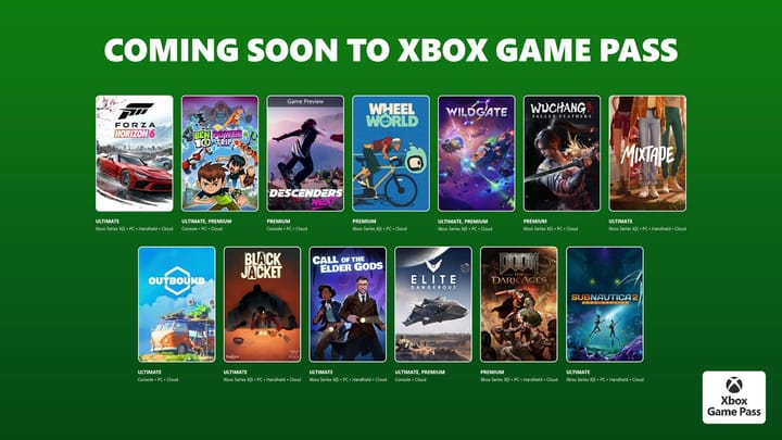 Xbox Game Pass May 2026 lineup featuring Forza Horizon 6, Subnautica 2, and Mixtape