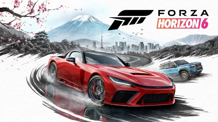 Key art for Forza Horizon 6 showing a sports car drifting on a neon-lit Japanese street