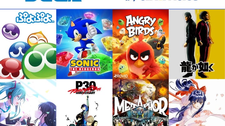 Promotional artwork for the Sega, Atlus, and Rovio collaboration with Animate, featuring logos for Sonic, Persona, Yakuza, and other franchises.