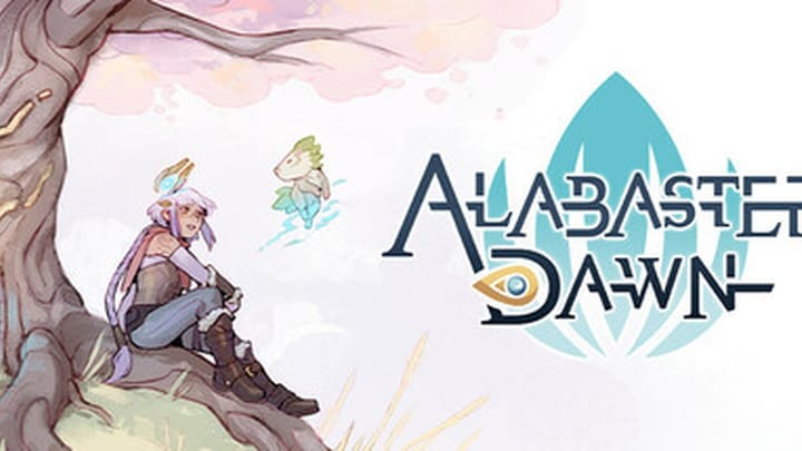 Alabaster Dawn promotional artwork showing the main character looking out over a fantasy landscape