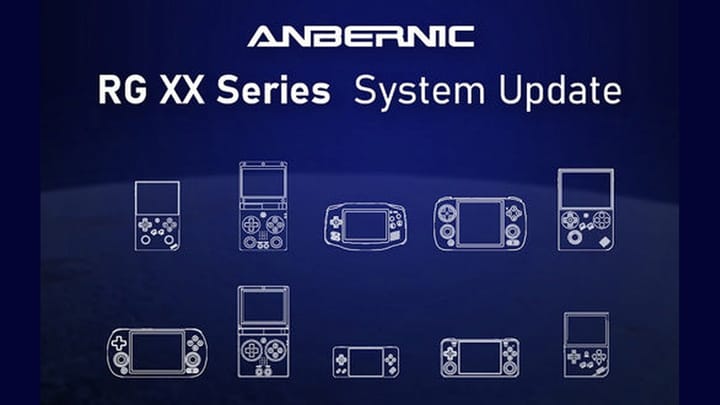 Anbernic RG XX series handheld gaming devices, likely showcasing the new UI