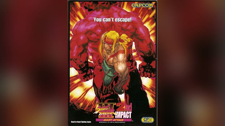 Arcade flyer for Street Fighter III: 2nd Impact featuring Ryu and Hugo