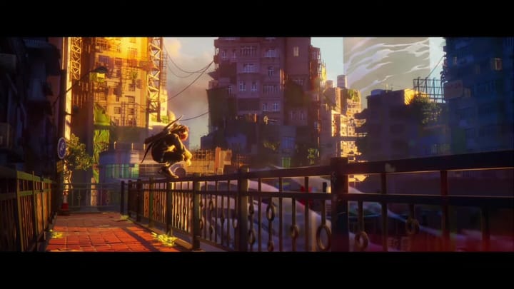 A lone character stands on a railing overlooking a sprawling, vertically-dense city at sunset.