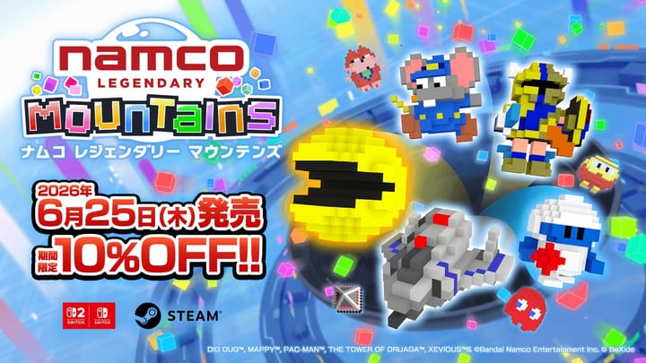 Key art for Namco Legendary Mountains showing voxel versions of classic Namco arcade characters.