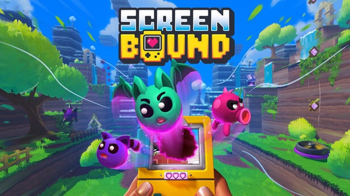 Screenbound Steam capsule art showing a 3D world and a 2D handheld screen