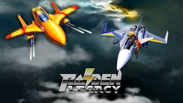 Raiden Legacy gameplay screenshot showing a ship firing lasers at tanks