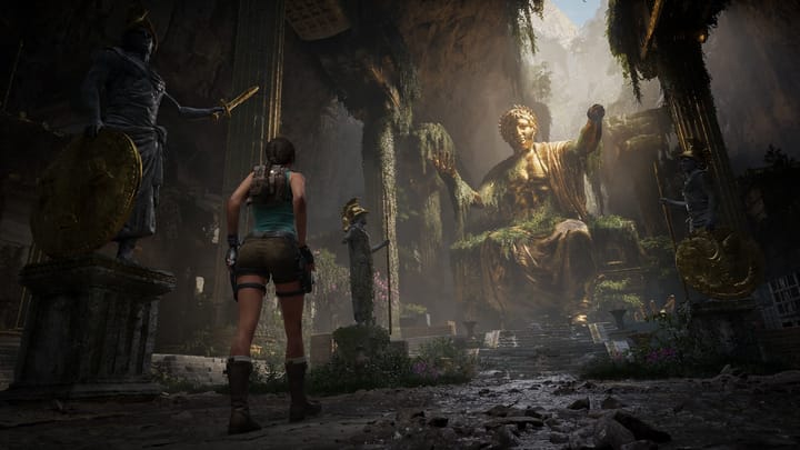 Lara Croft exploring a lush, overgrown ruin in Tomb Raider: Legacy of Atlantis