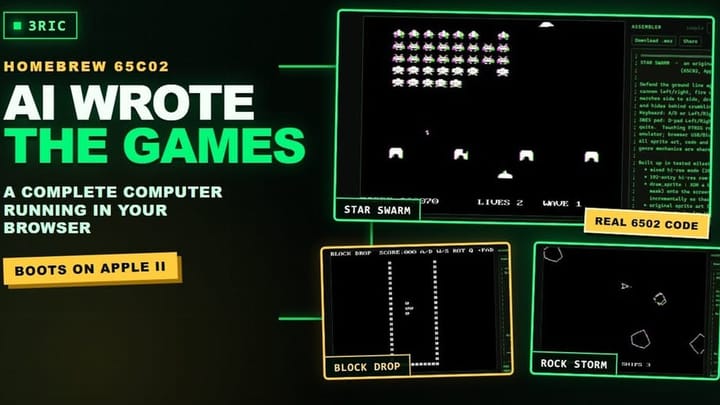 The 3ric 6502 computer running in a web browser interface with assembly code on the left and video output on the right