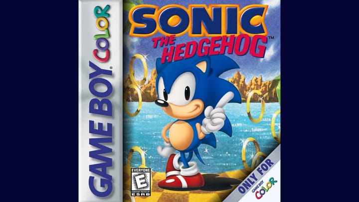 Sonic On the GAMEBOY COLOR promotional image showing blue hedgehog sprite artwork and title logo on a retro background