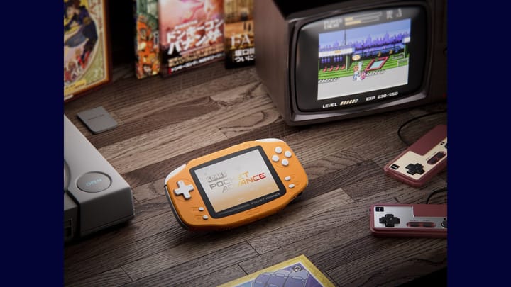 Teaser image of the AYANEO KONKR Pocket Advance handheld console, showcasing its Game Boy Advance-inspired horizontal design and widescreen display.