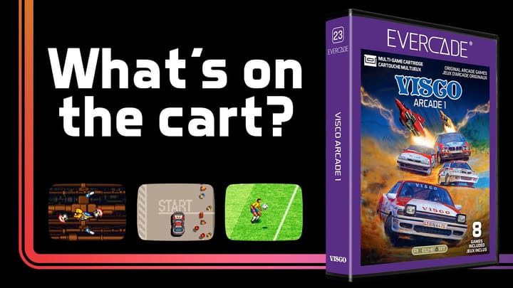 Visco Arcade 1 Evercade cartridge featuring artwork for Andro Dunos, Drift Out, Ashura Blaster, and Goal! Goal! Goal!
