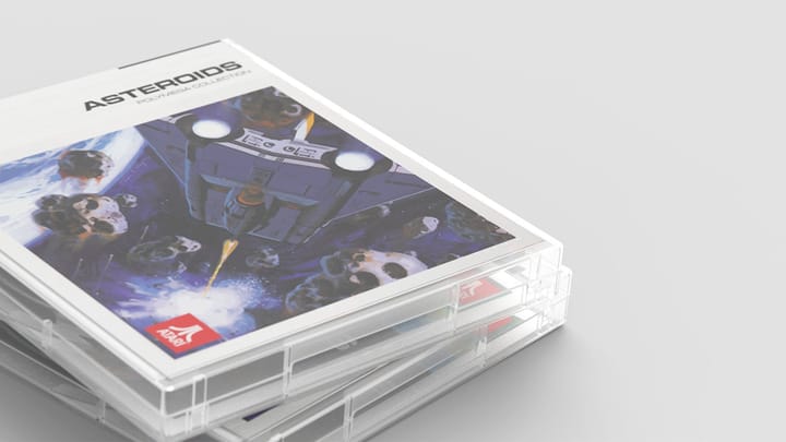 A lineup of Polymega physical media cartridges and boxes