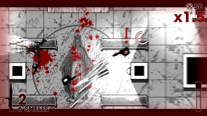 OTXO screenshot showing a top-down black and white shootout