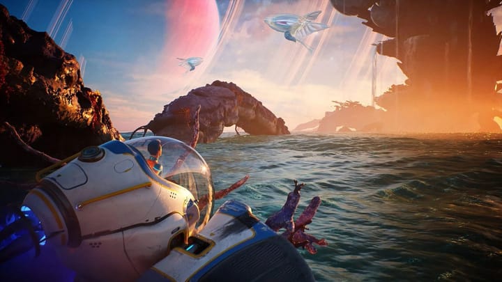 Subnautica 2 underwater gameplay showing a diver and a large aquatic creature